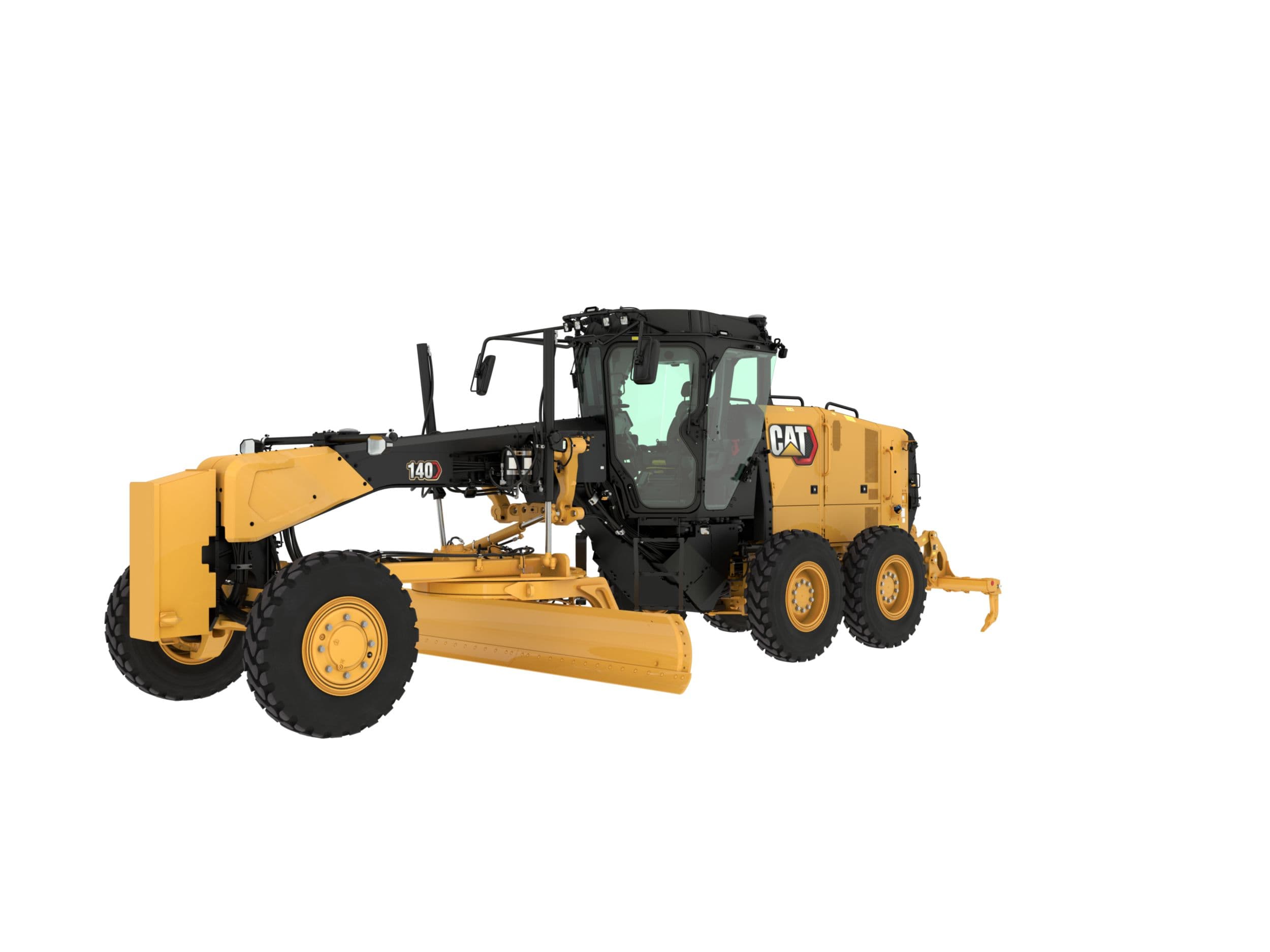 Computer drawing of a motor grader with a push block on the front of the machine and an earth ripper on the back. This machine has a joystick control system.
