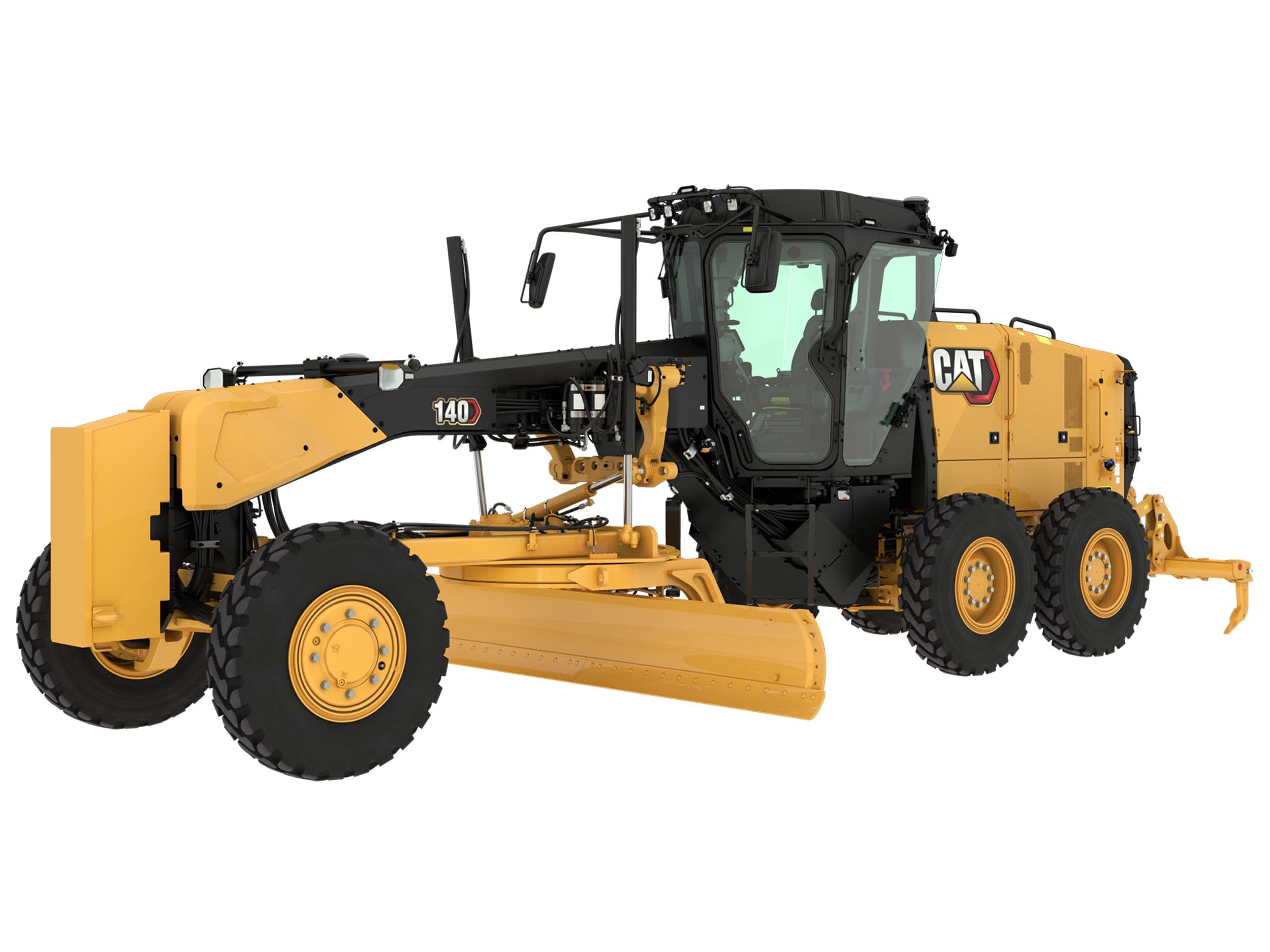 Computer drawing of a motor grader with a push block on the front of the machine and an earth ripper on the back. This machine has a joystick control system.